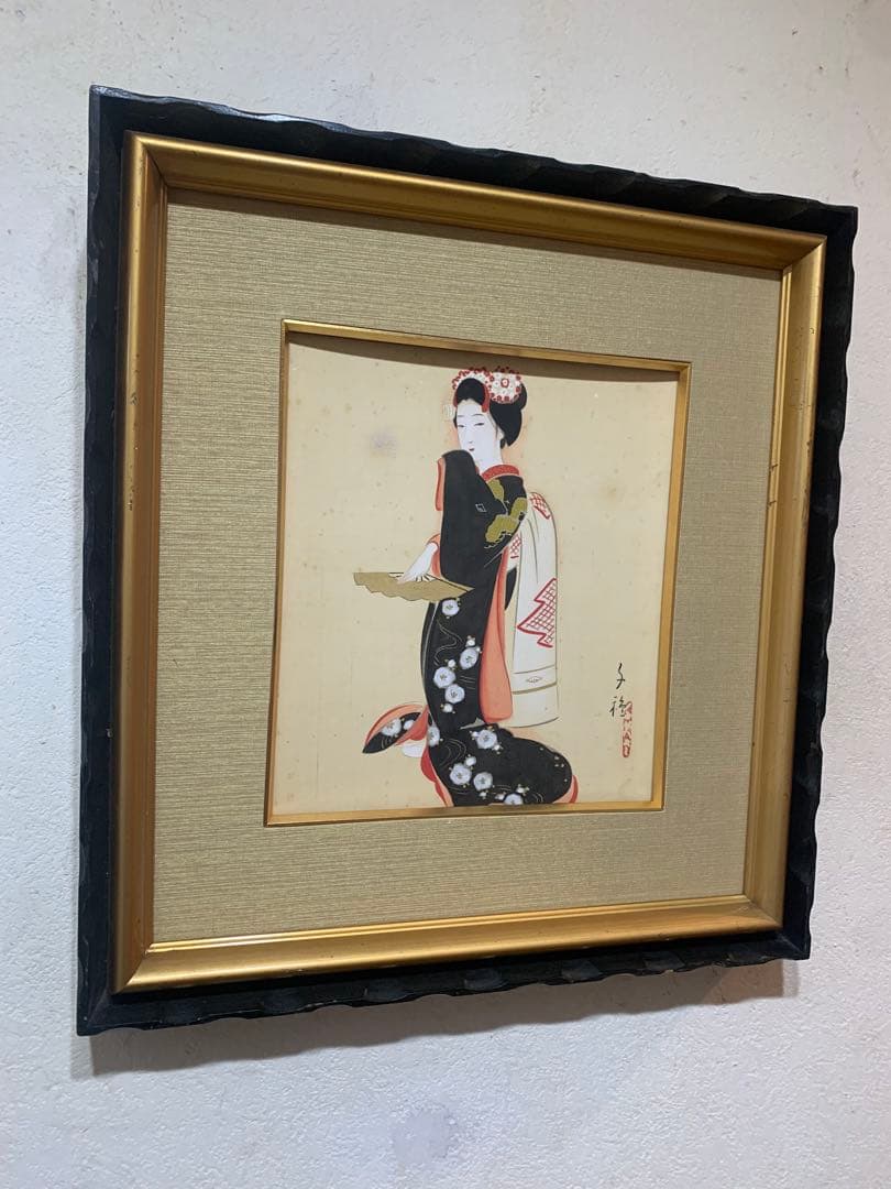 絵画額装　日本画　肉筆画　真作　木谷千種『美人画』女流画家