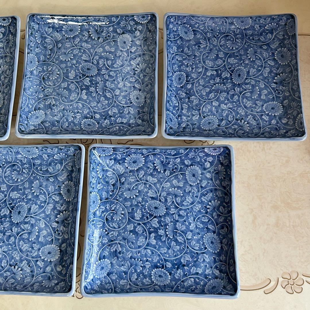 三洋陶器　龍峰窯　染付唐草　大皿　角皿　5枚セット　足付き　和食器　盛皿和皿中皿