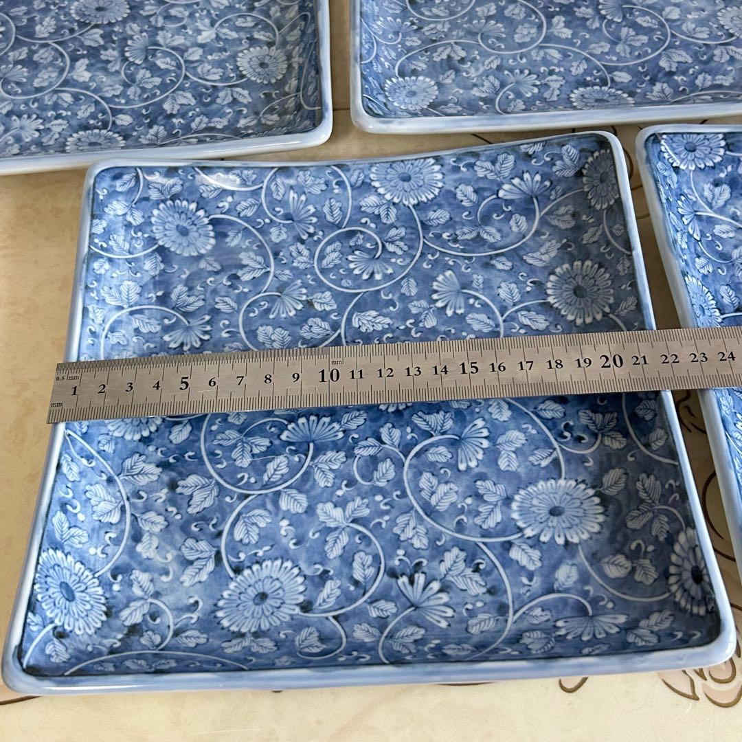 三洋陶器　龍峰窯　染付唐草　大皿　角皿　5枚セット　足付き　和食器　盛皿和皿中皿