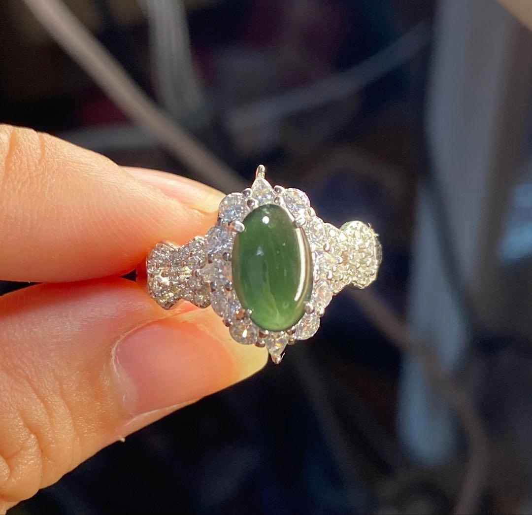 ミャンマー産墨翠系ヒスイリング9.8mm バロック S925 CZ