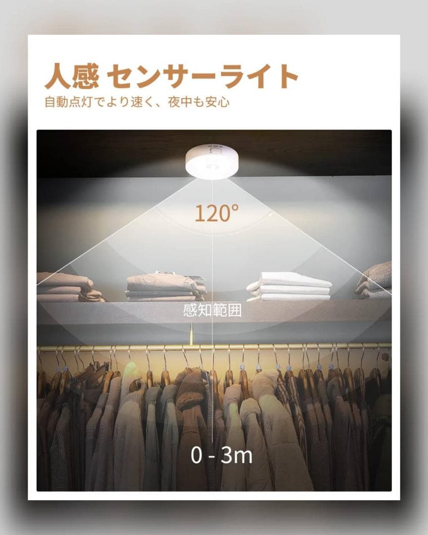 LED人感センサーライト 室内 USB充電 自動点灯