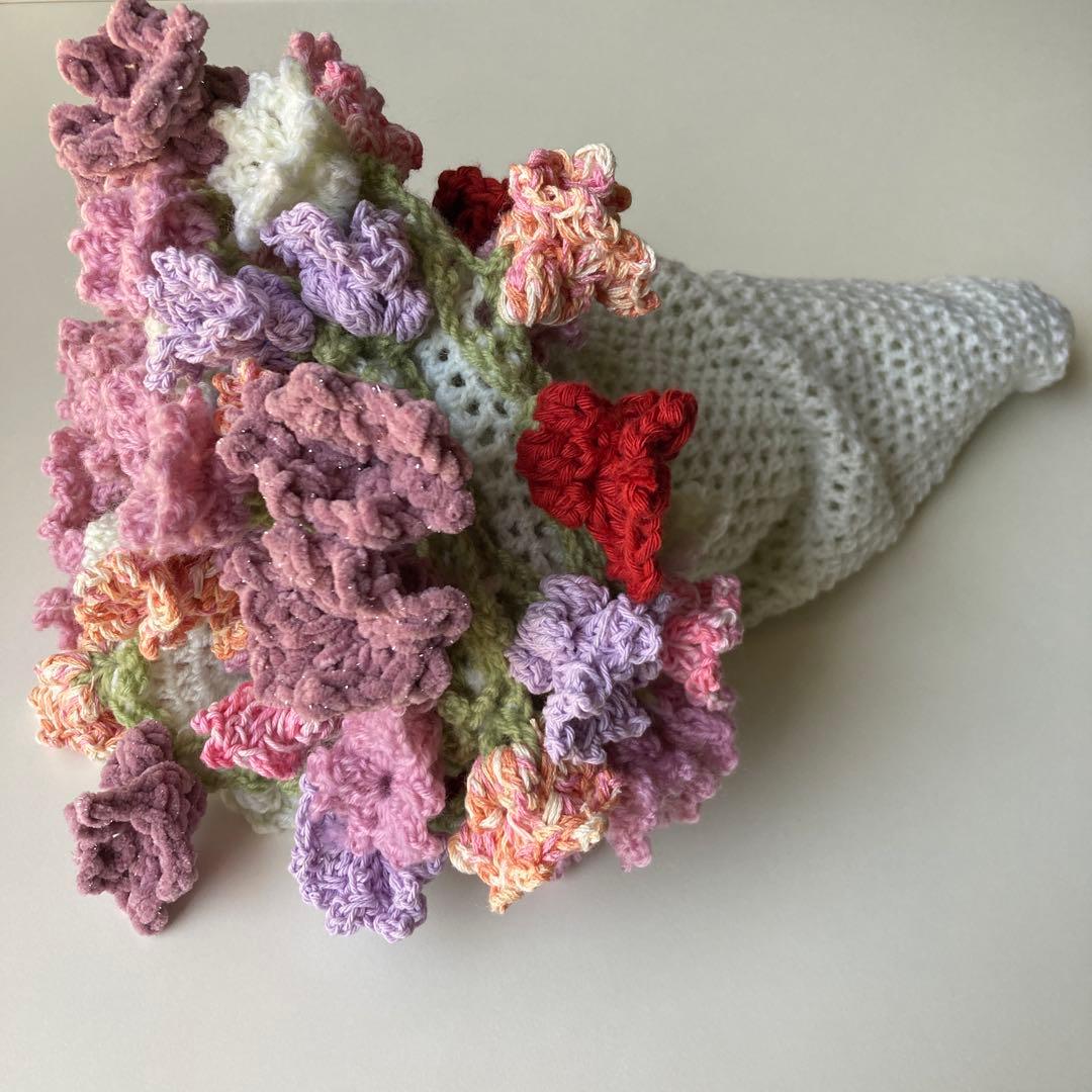 花束ブランケット　ブーケブランケット　ピンク　毛糸編み物　推し活　結婚式プレ花嫁