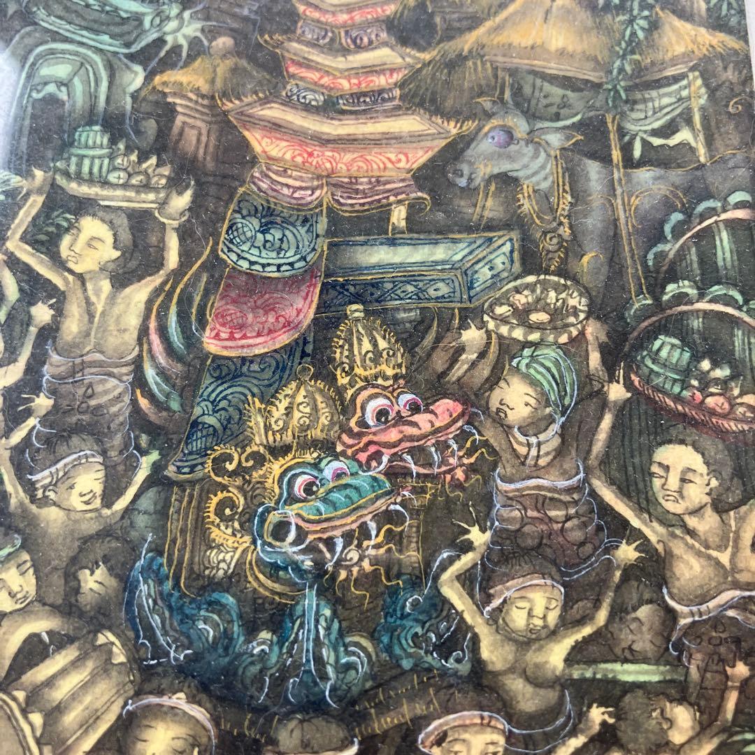 バリ島　絵画　アート　木彫フレーム付き　インドネシア　細密絵画