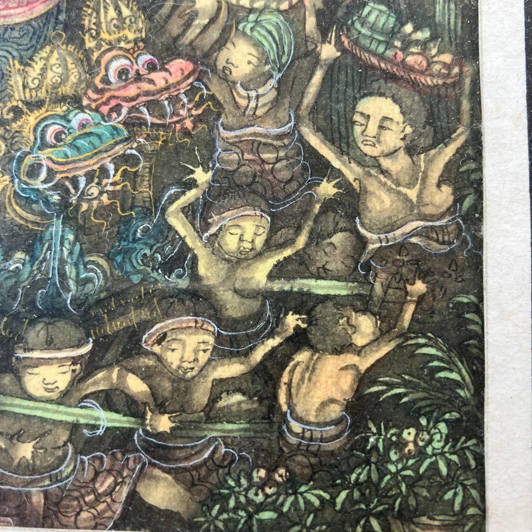 バリ島　絵画　アート　木彫フレーム付き　インドネシア　細密絵画