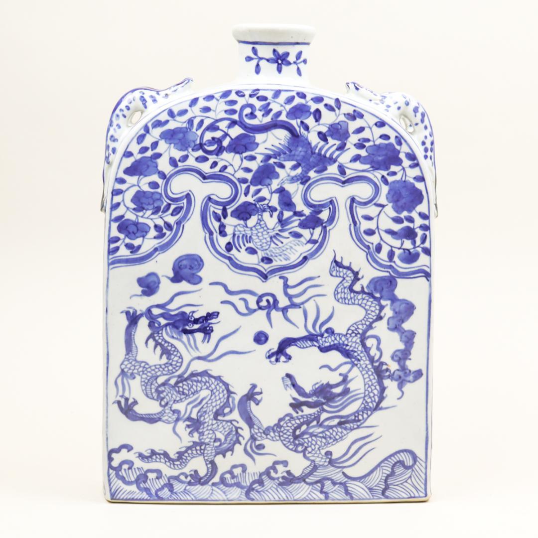 青花瓷 龍鳳凰紋双耳扁壺 飾り壺 花瓶