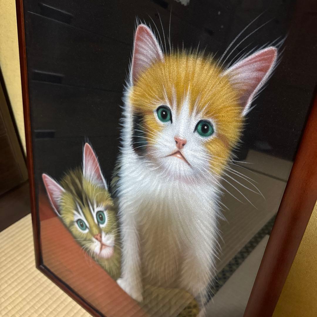 猫の絵画 フレーム付き　昭和レトロ
