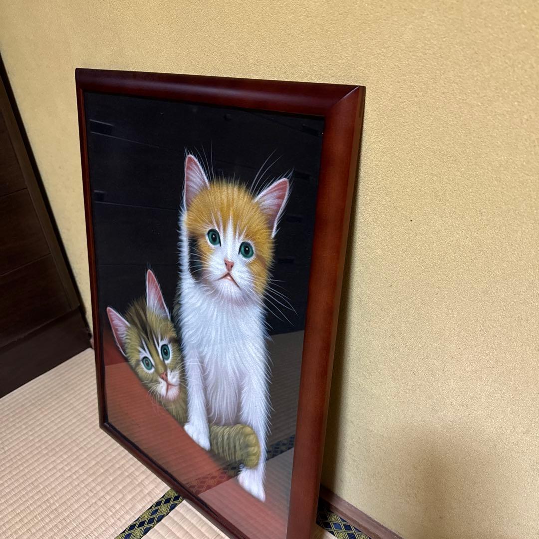 猫の絵画 フレーム付き　昭和レトロ