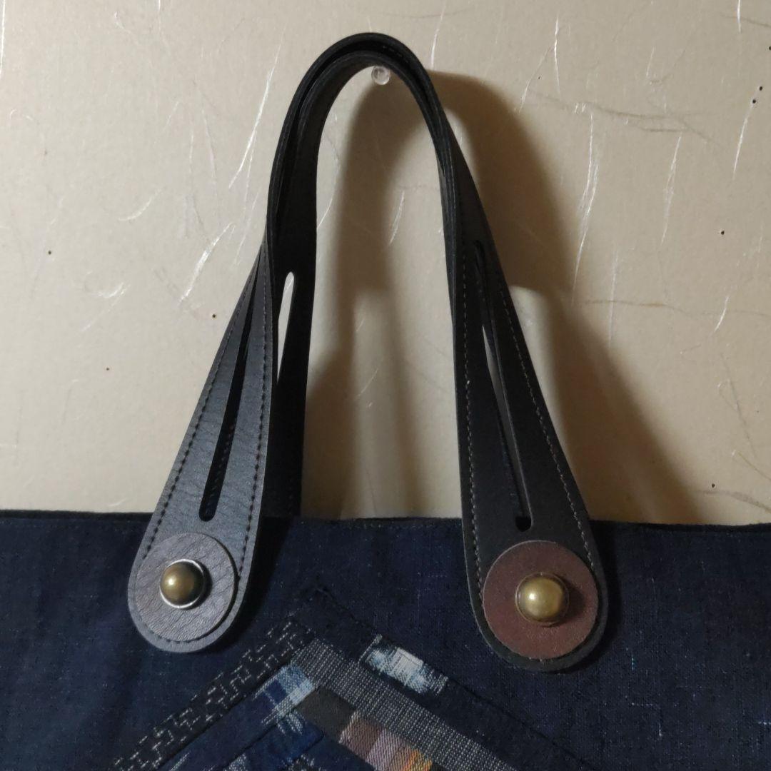 パッチワーク手提げ　バッグ　手作り　絣　染め　藍染　織り　紺　茶　藍色