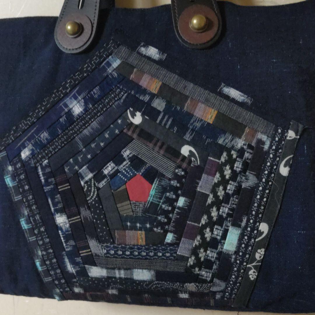 パッチワーク手提げ　バッグ　手作り　絣　染め　藍染　織り　紺　茶　藍色