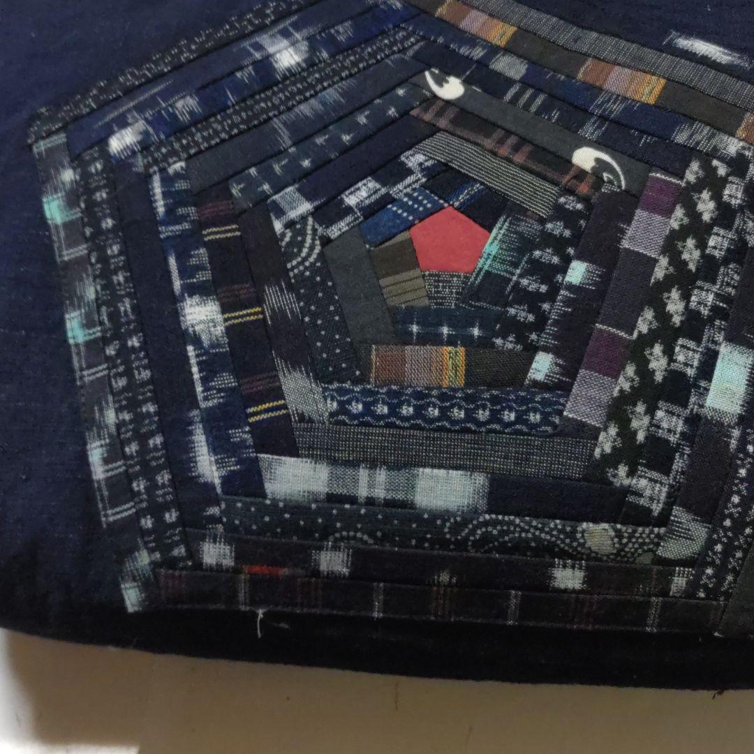 パッチワーク手提げ　バッグ　手作り　絣　染め　藍染　織り　紺　茶　藍色