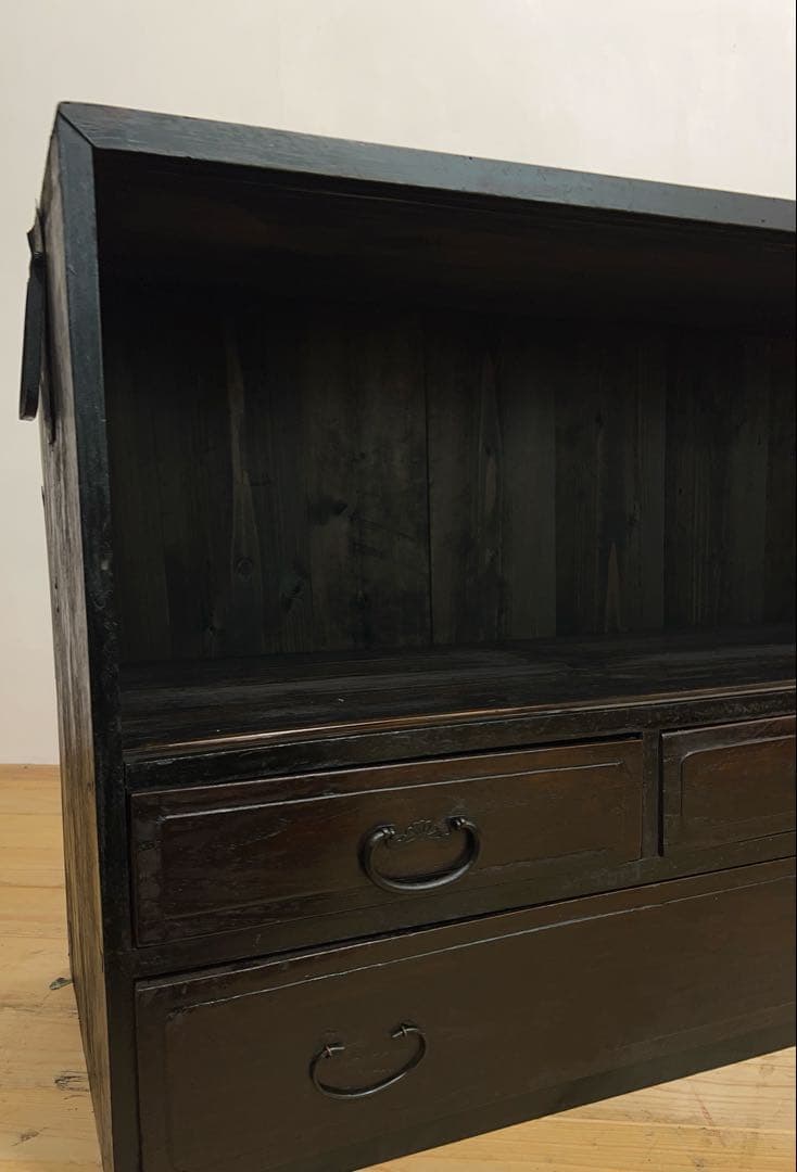 水屋箪笥　オープシェルフ　無垢材　黒　ディスプレイ　古道具　古家具　アンティーク