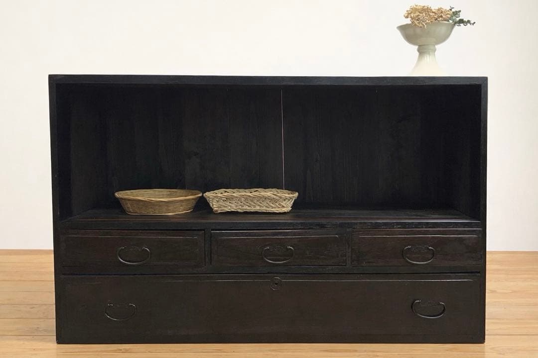 水屋箪笥　オープシェルフ　無垢材　黒　ディスプレイ　古道具　古家具　アンティーク