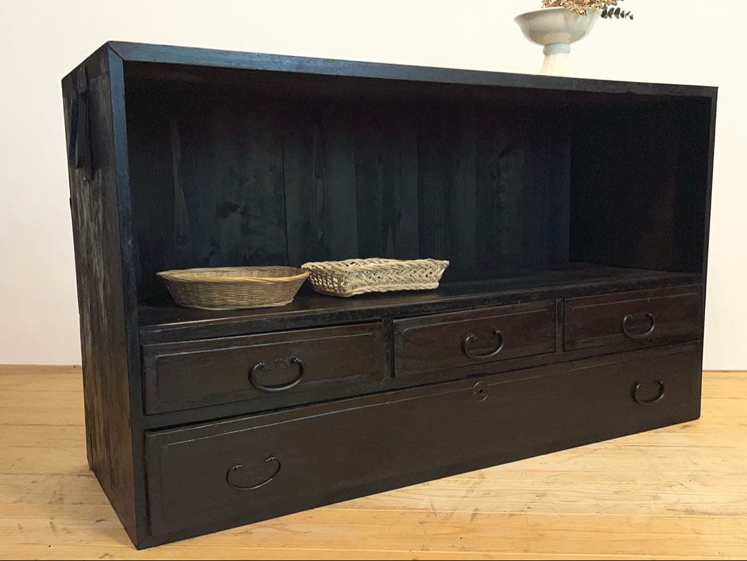 水屋箪笥　オープシェルフ　無垢材　黒　ディスプレイ　古道具　古家具　アンティーク