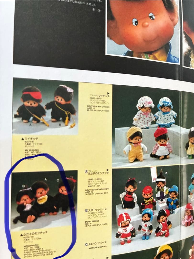 1974年ふた子のモンチッチ当時物　金色の紙タグ付き　泣き顔女の子　箱入り