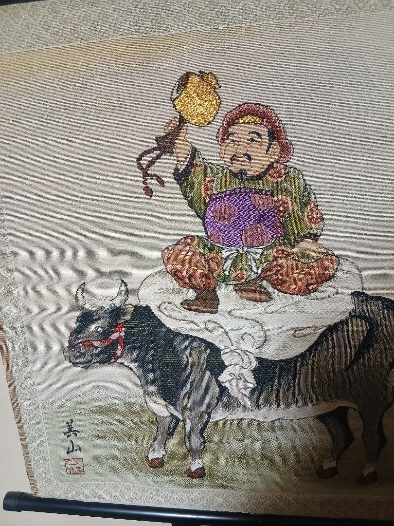 美山 刺繍 掛軸 大黒天と牛