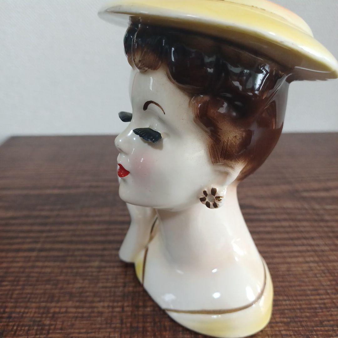 ビンテージ レディヘッドベース 陶器製置物花瓶　右手を頬の添えた美女3点セット