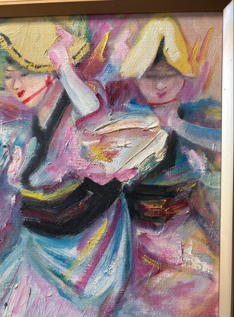 真作 露口曉星 油彩画「阿波踊り 歓舞」F4 直筆 サイン 額裏書き有り