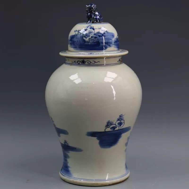 清康熙鯖山水人物獅子頭将軍缶 景徳鎮 陶磁器 装飾品 現代工芸品 美術品 置物