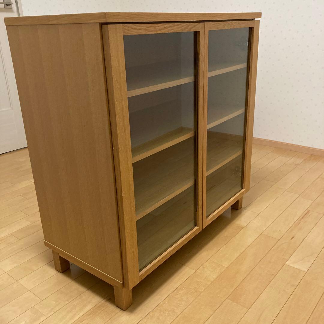 無印良品 キャビネット ガラス扉 観音開き 脚付　天然木 オーク材
