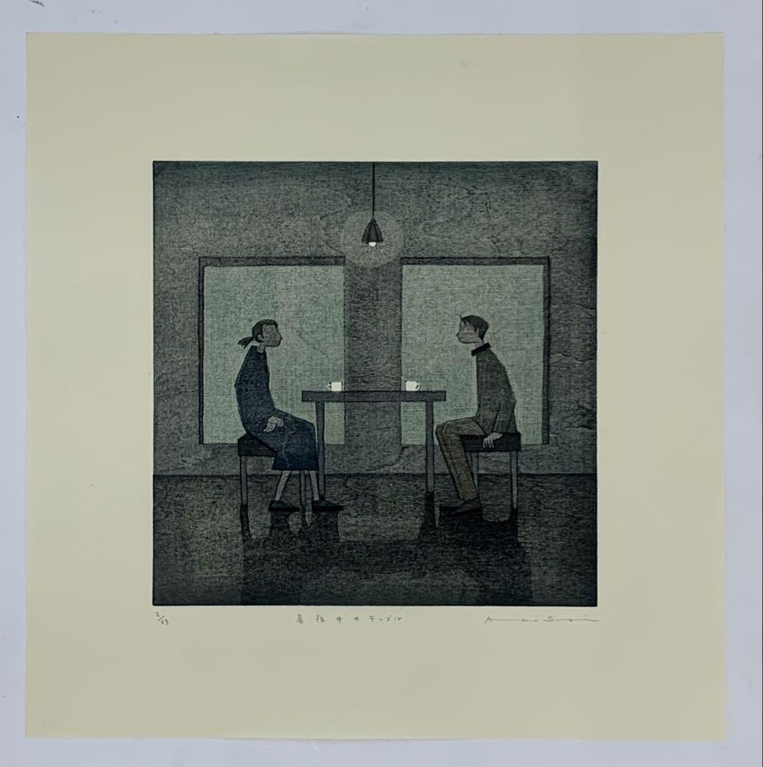 鈴木敦子「真夜中のテーブル」 木版画　限定23部　額付き