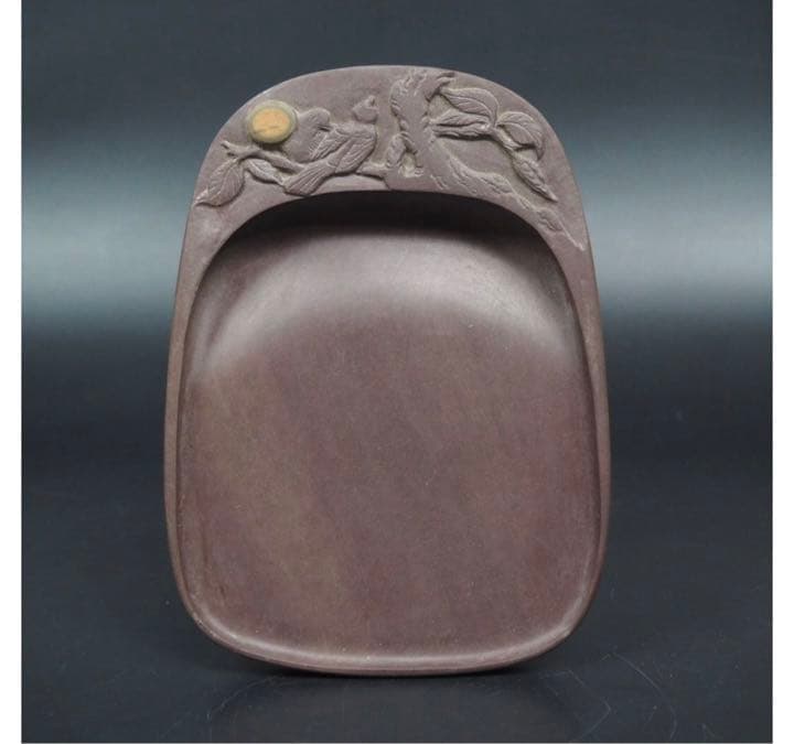 送料無料　未使用　時代物　花鳥彫刻端渓硯　石眼あり　書道具