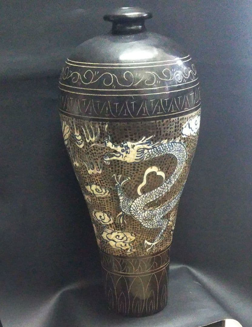 ※中国古美術/磁州窯黒掻落龍紋大梅瓶/北宋代/