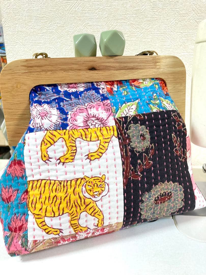 がま口バッグ ラリーキルト パッチワーク インド綿 ハンドメイド 1251