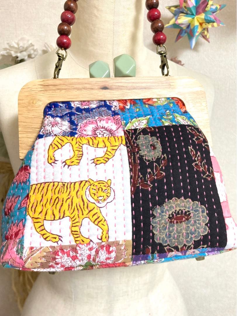 がま口バッグ ラリーキルト パッチワーク インド綿 ハンドメイド 1251