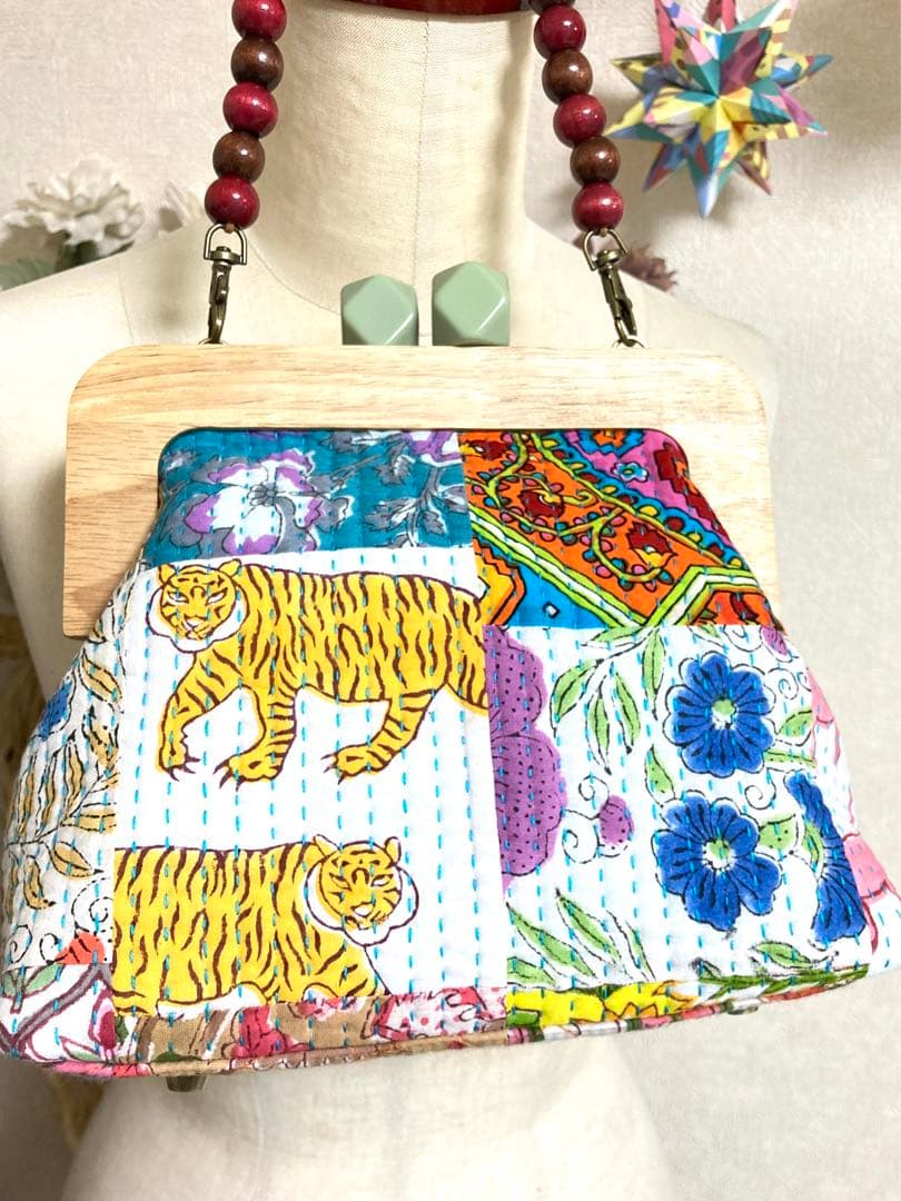 がま口バッグ ラリーキルト パッチワーク インド綿 ハンドメイド 1251