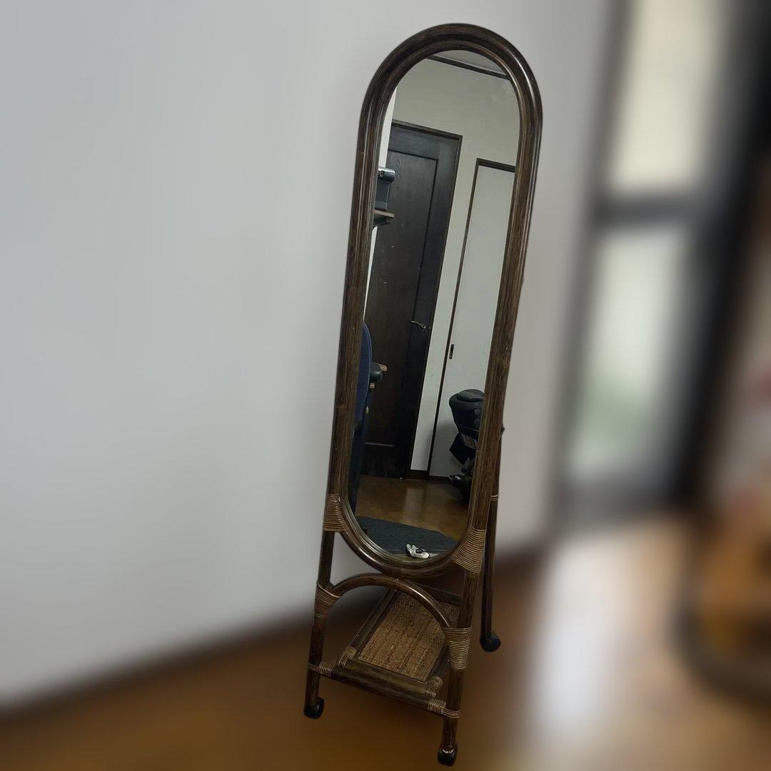 レトロ　ヴィンテージ　モダン　ラタン　姿見　全身鏡　スタンドミラー　キャスター付