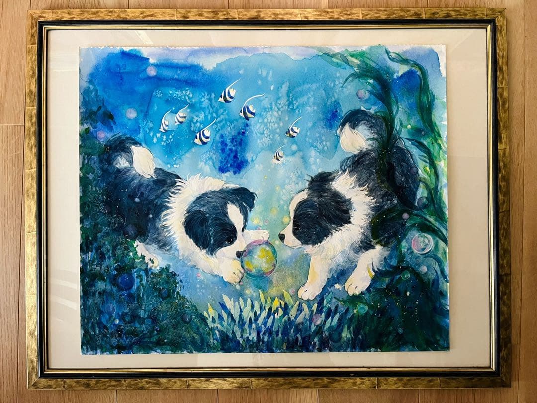 メルヘン画 　水彩画　ボーダーコリー