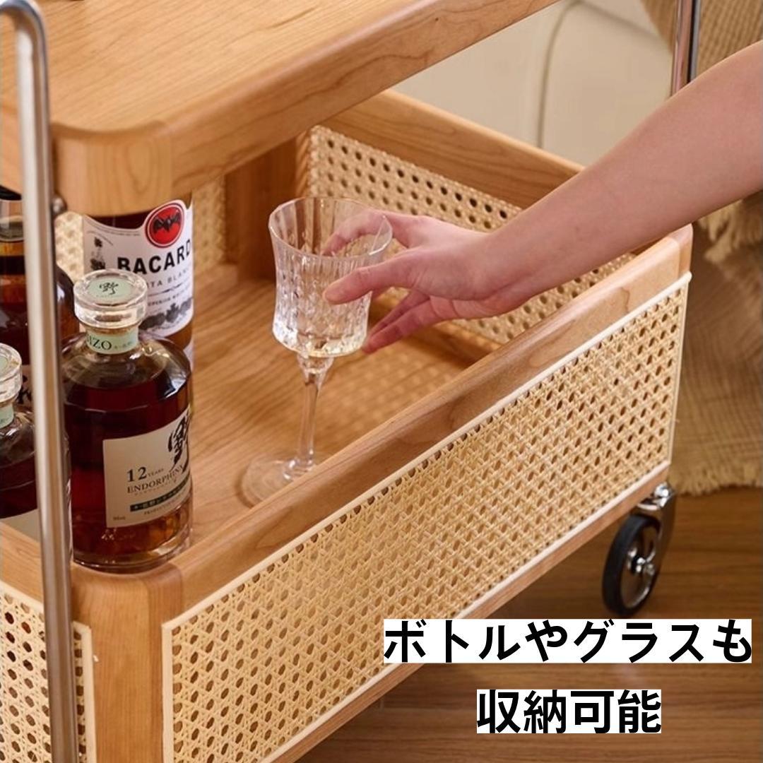 ブレーキ付きキッチンワゴンサイドテーブルキャスター収納ラタン木製移動式おしゃれ