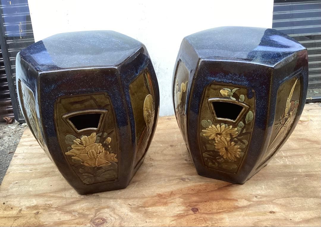 陶器/スツール/ガーデンチェア/椅子/花台/飾台/2点セット