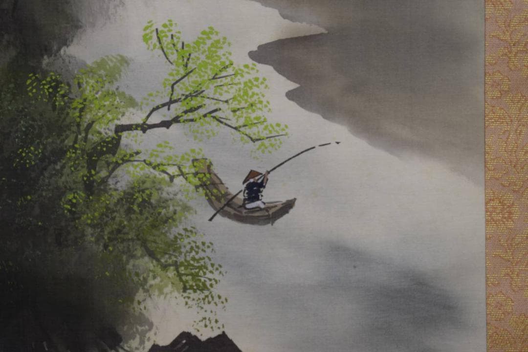 真作/松雲/彩色山水漁夫図/布袋屋掛軸HE-444