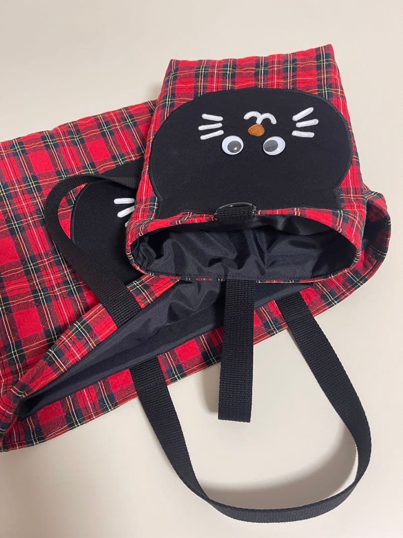 ハンドメイド⭐︎ネコちゃん　アップリケ　レッスンバッグ　上履き入れセット　チェック