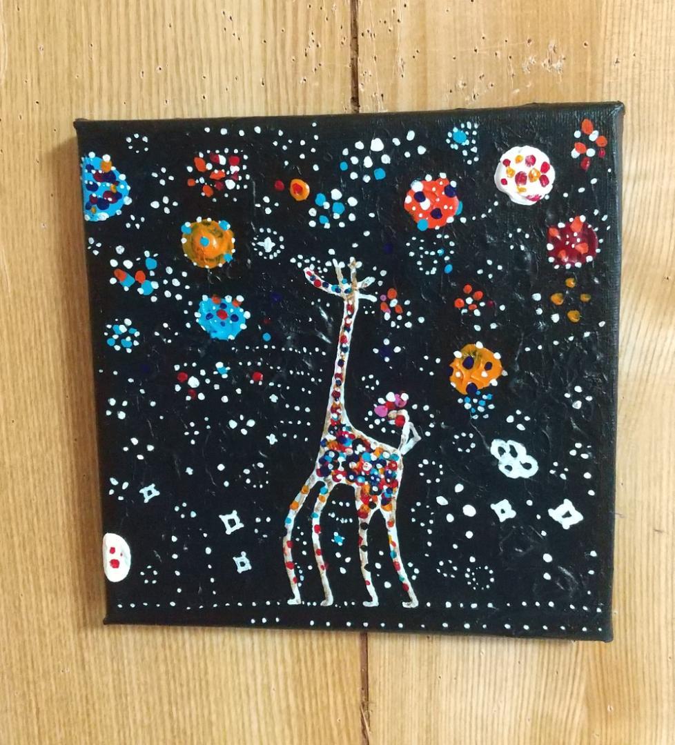 カラフルな点描画 キリンの絵画 約20cm x 20cm