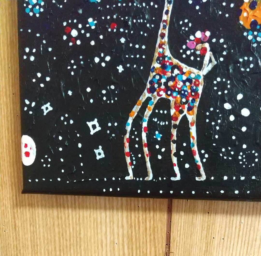 カラフルな点描画 キリンの絵画 約20cm x 20cm