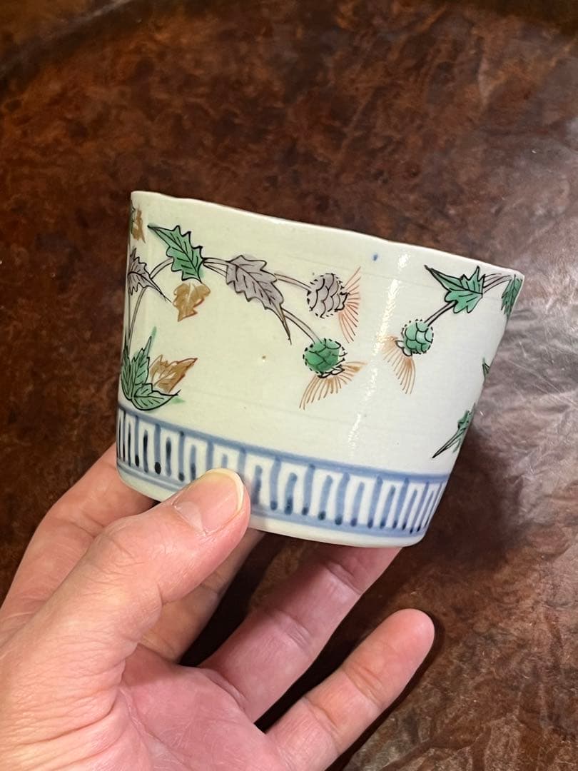 蕎麦猪口　そばちょこ　色絵　草花　あざみ　無傷完品　大振り　そば猪口　古伊万里