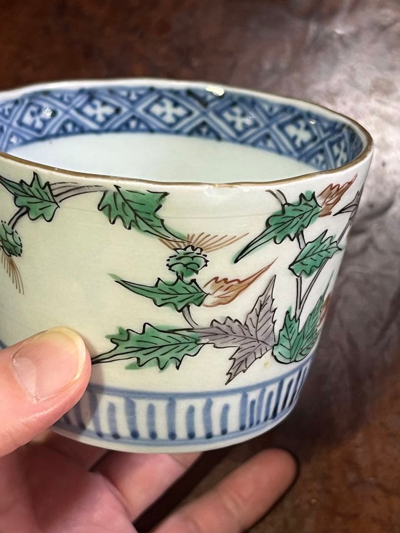 蕎麦猪口　そばちょこ　色絵　草花　あざみ　無傷完品　大振り　そば猪口　古伊万里