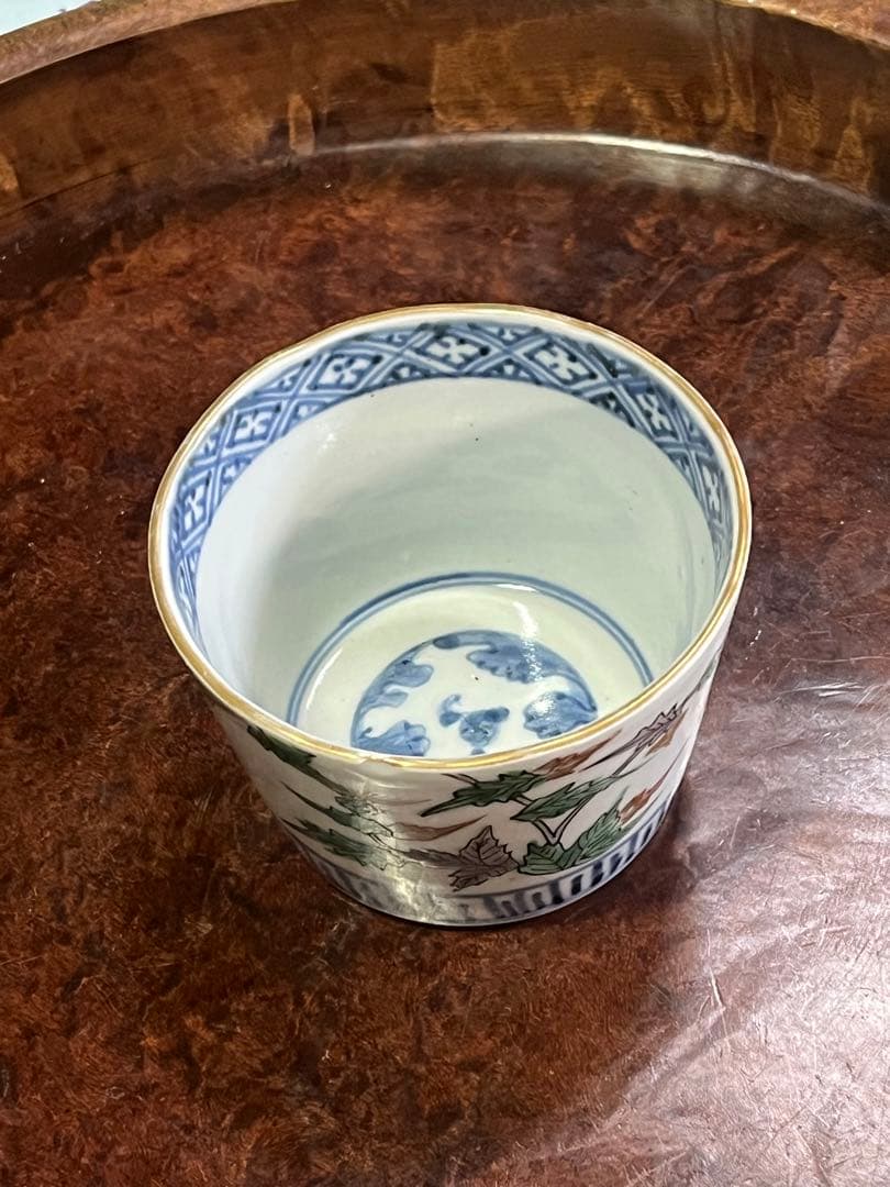 蕎麦猪口　そばちょこ　色絵　草花　あざみ　無傷完品　大振り　そば猪口　古伊万里