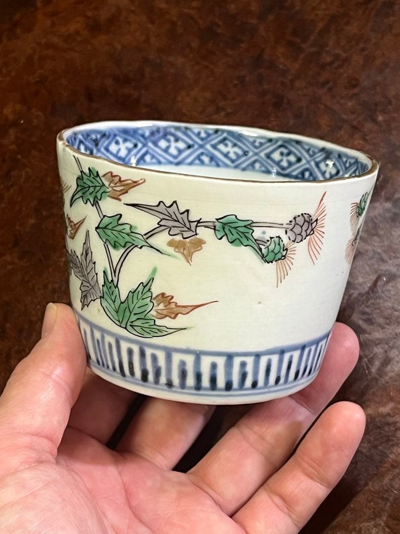 蕎麦猪口　そばちょこ　色絵　草花　あざみ　無傷完品　大振り　そば猪口　古伊万里