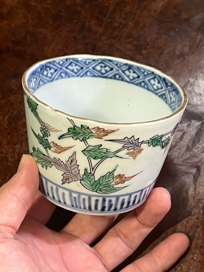 蕎麦猪口　そばちょこ　色絵　草花　あざみ　無傷完品　大振り　そば猪口　古伊万里