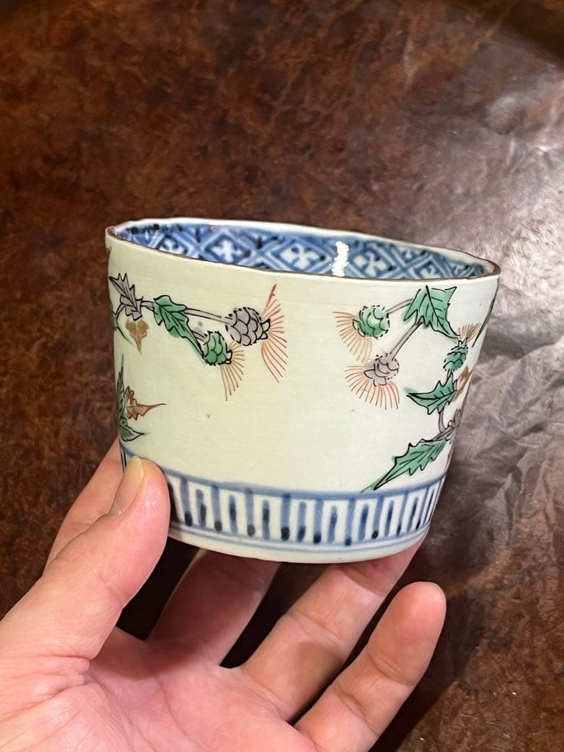 蕎麦猪口　そばちょこ　色絵　草花　あざみ　無傷完品　大振り　そば猪口　古伊万里