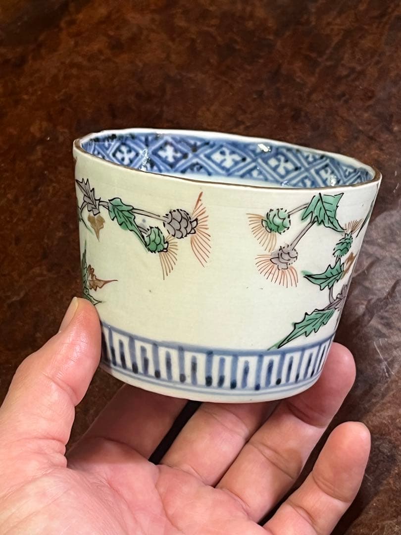 蕎麦猪口　そばちょこ　色絵　草花　あざみ　無傷完品　大振り　そば猪口　古伊万里