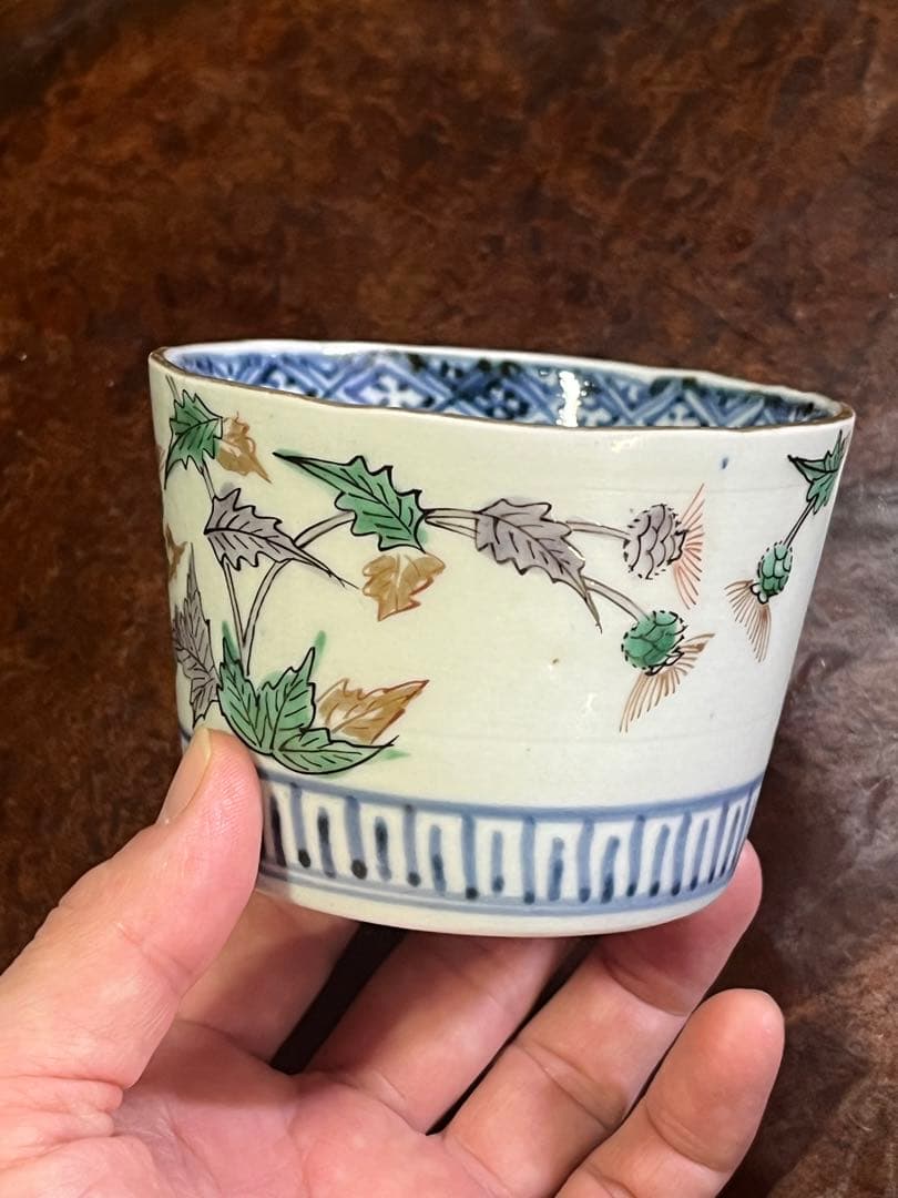蕎麦猪口　そばちょこ　色絵　草花　あざみ　無傷完品　大振り　そば猪口　古伊万里
