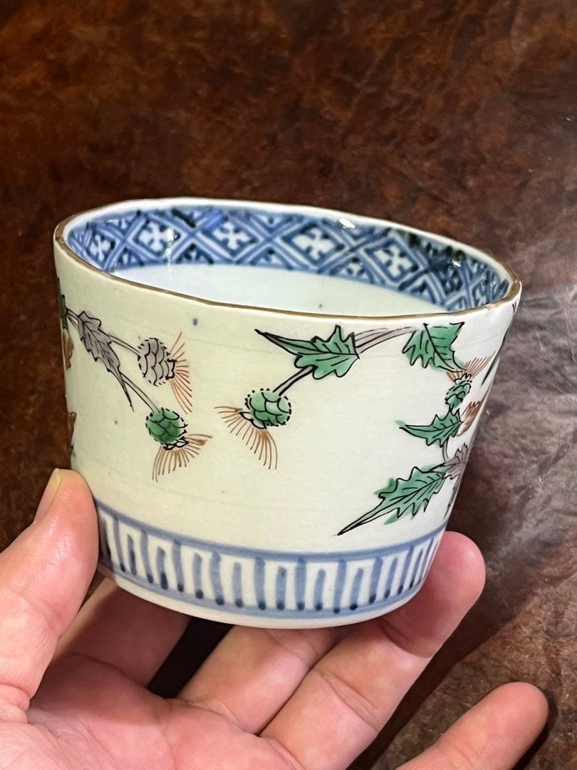 蕎麦猪口　そばちょこ　色絵　草花　あざみ　無傷完品　大振り　そば猪口　古伊万里