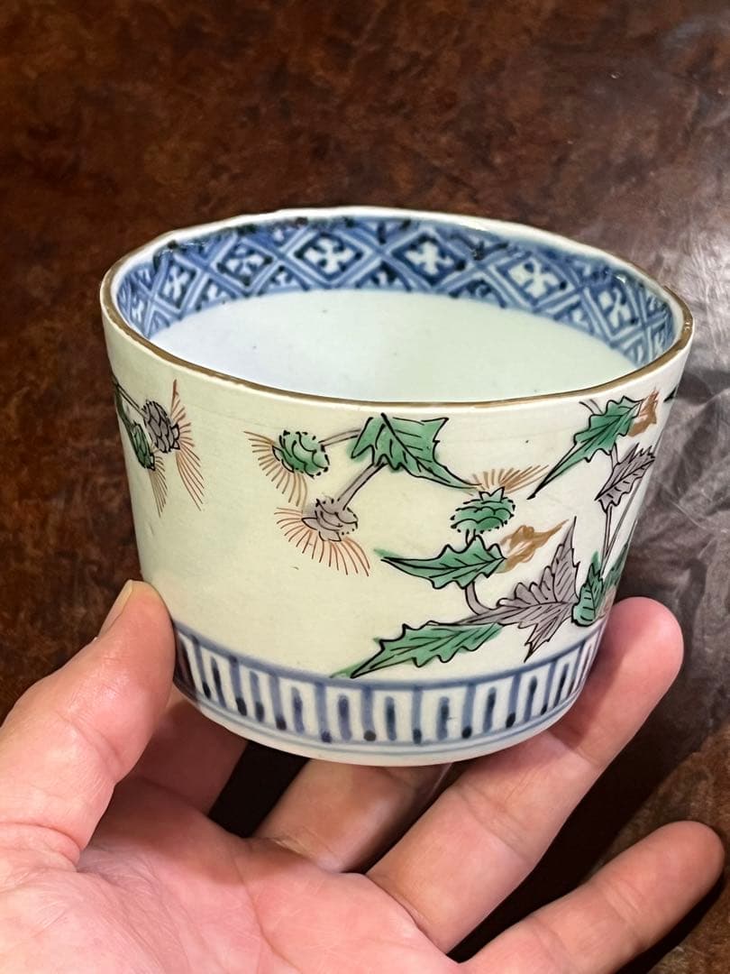 蕎麦猪口　そばちょこ　色絵　草花　あざみ　無傷完品　大振り　そば猪口　古伊万里