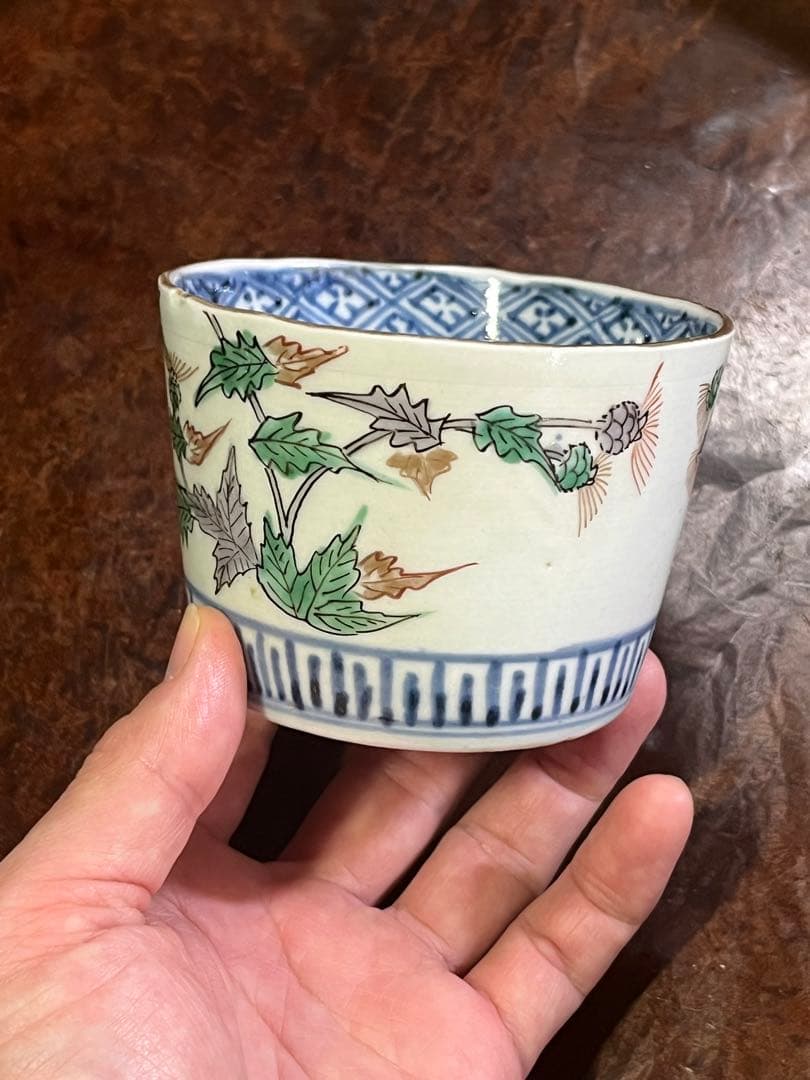 蕎麦猪口　そばちょこ　色絵　草花　あざみ　無傷完品　大振り　そば猪口　古伊万里