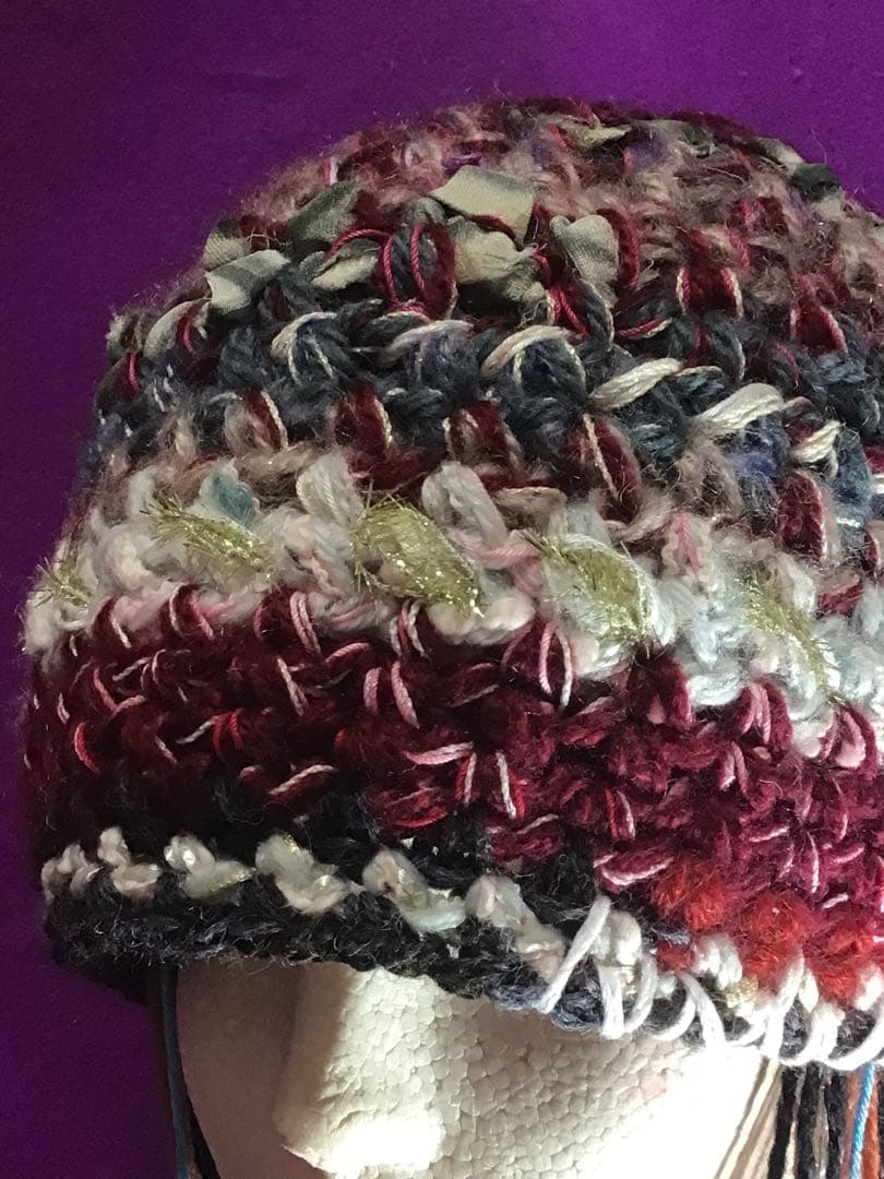 手作りニット帽ビーニー　　シルクリボン　アルパカ混　ボルドー　グレー