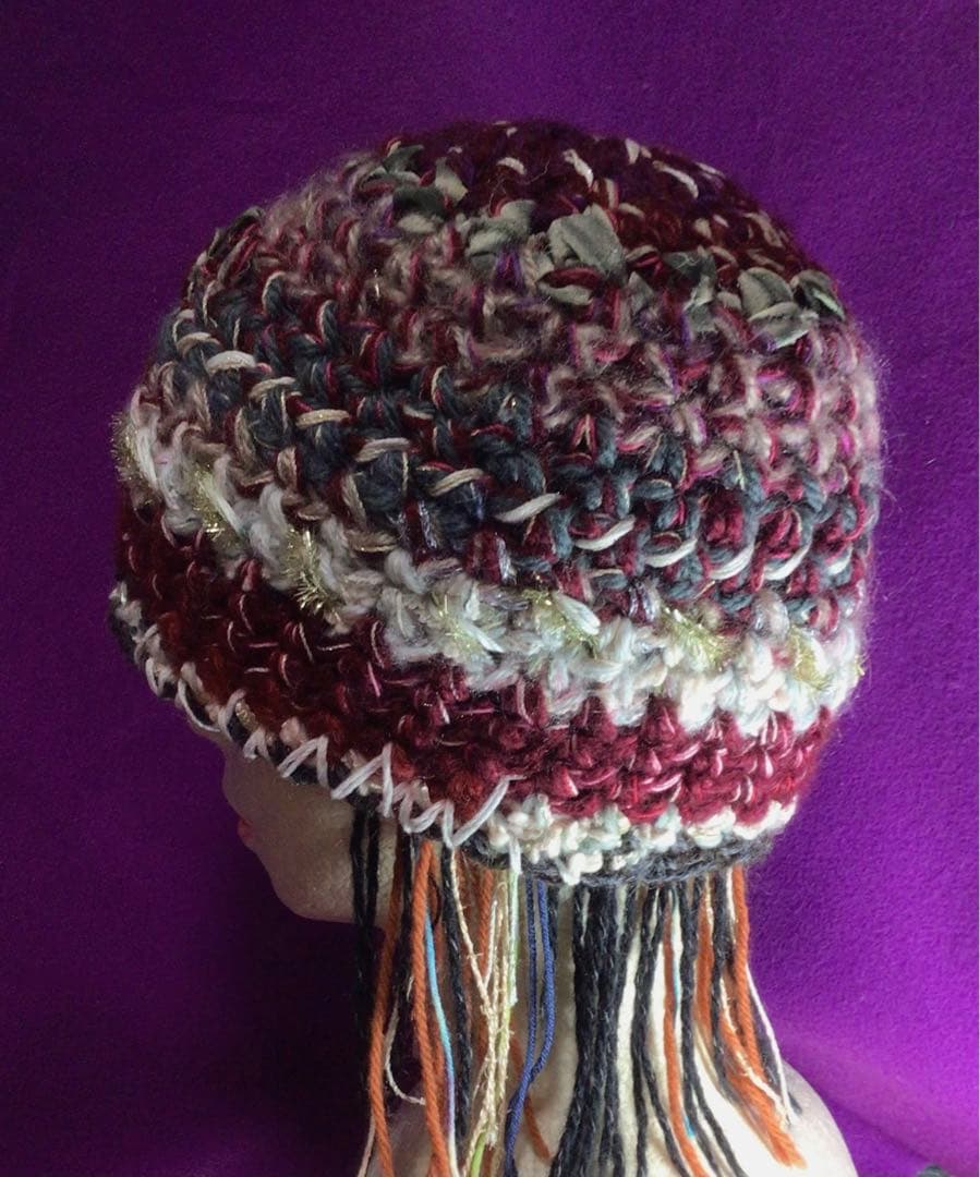 手作りニット帽ビーニー　　シルクリボン　アルパカ混　ボルドー　グレー